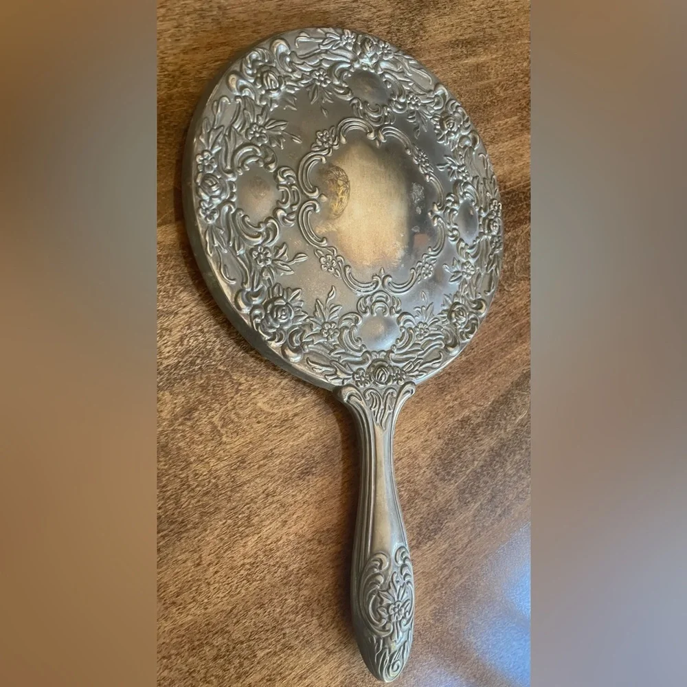 Vintage Art Deco Silver Plate Vanity Set w/Hand Mirror, Comb, and Handled Brush